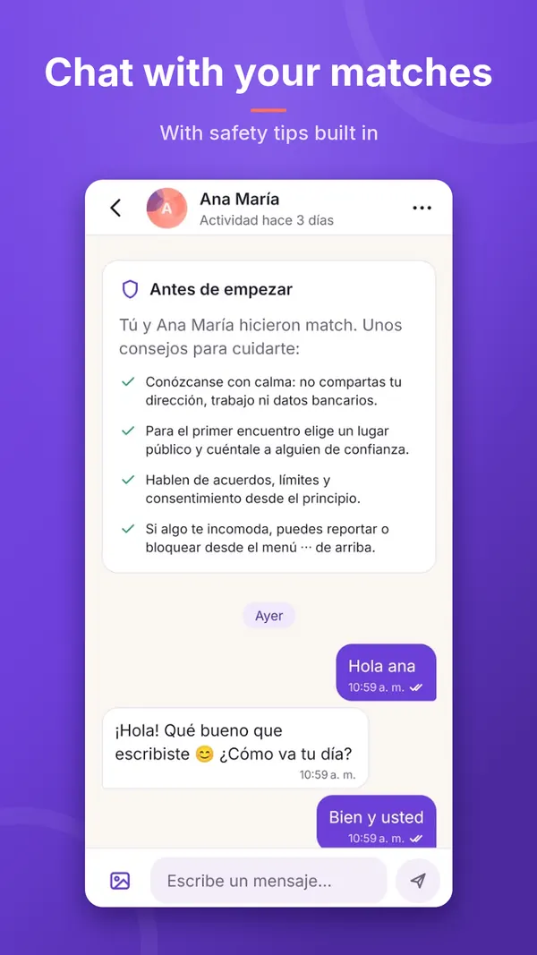 Converse com seus matches: o chat mostra dicas de segurança antes de começar.
