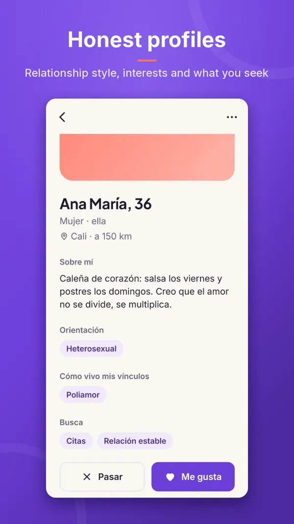 Perfis honestos: estilo de relacionamento, orientação, interesses e o que a pessoa procura.