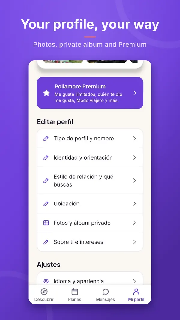 Seu perfil, do seu jeito: edição de perfil, fotos, álbum privado e acesso ao Premium.