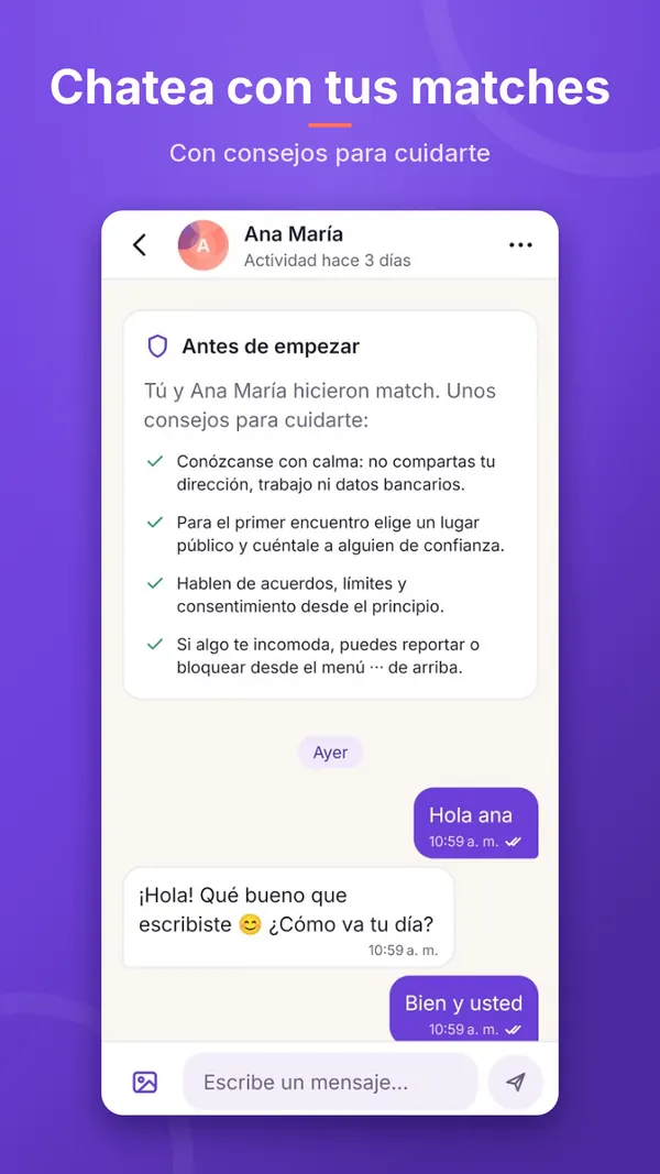 Chatea con tus matches: el chat muestra consejos para cuidarte antes de empezar.